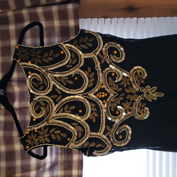 Vtg Jovani black silk gown with gold sequin detail - Picture 5 of 13